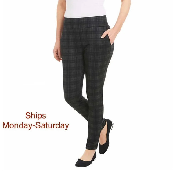 Dalia Ladies' Pull-On Pant Black Gray Checkered Lines Plaid - Picture 1 of 6